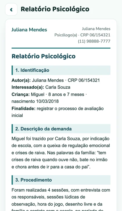 Tela do app: relatório psicológico montado para revisar