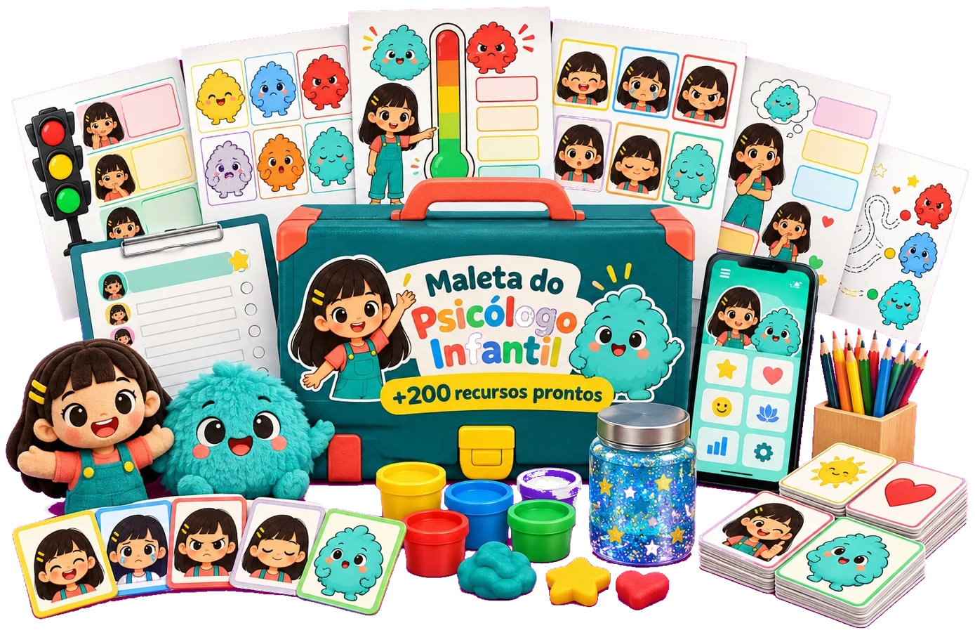 Maleta do Psicólogo Infantil: maleta com as atividades, os cartões terapêuticos, os documentos e o app no celular